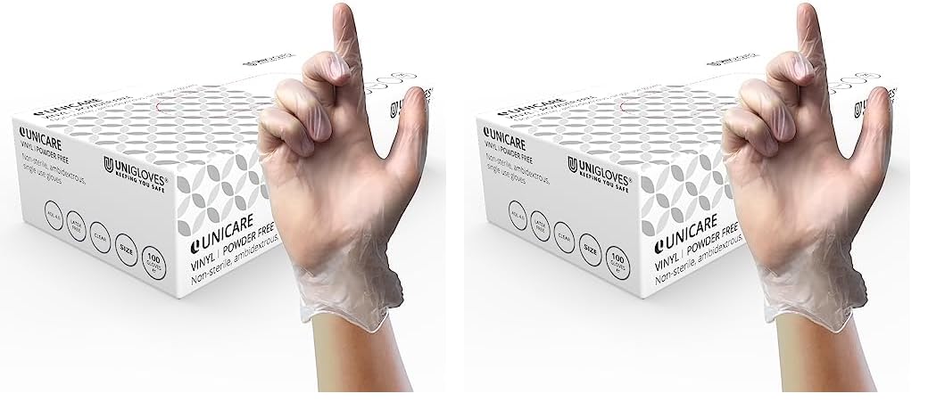 UNIGLOVES Unicare Vinyl Multipurpose Disposable Gloves, Powder Free, Latex Free, Medium Weight, Box of 100 Gloves, Clear, Size Small (GS0062) (Pack of 2)