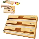 Bamboo Wood Wrap Dispenser, Multi-Boxes Design 2/3 in 1 Kitchen Drawer Plastic Tin Foil Wrap Dispenser with Cutter and Labels