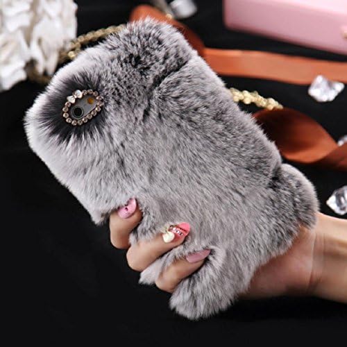 iPhone 7 Case For Women,Blixy Soft Warm Fur Case Bling Fluffy Cover Plush Rex Rabbit Hair Fur Case Authentic Rabbit Fur Plush Shell Case For iPhone 7(GREY)