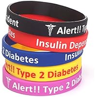5 Pack-Type 2 Diabetes Jewelry Silicone Medical Alert Bracelets-7.5"