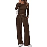 Trendy Queen Women's 2 Piece Matching Lounge Set Long Sleeve Side Ruching Top Wide Leg Drawstring Pants Set with Pockets