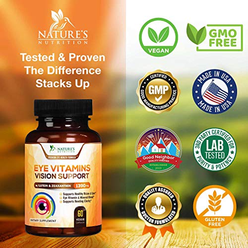 Eye Vitamins with Lutein & Zeaxanthin, Highest Potency Natural Vitamin and Mineral Supplement 1390mg - Made in USA - Best Formula for Vision Support, Dry Eyes & Macular Health - 60 Capsules