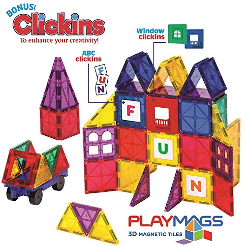 Playmags 32 + 6 Piece Set: Now with Stronger Magnets, Sturdy, Super Durable with Vivid Clear Color Tiles. 6 Piece Clickins Accessories to Enhance Your Creativity