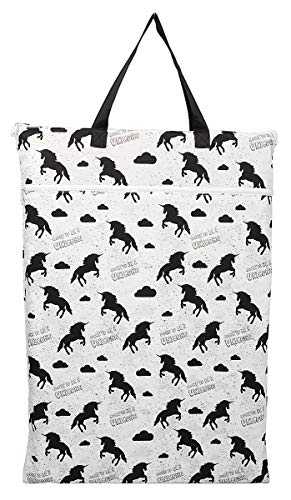 Large Hanging Wet/Dry Cloth Diaper Pail Bag for Reusable Diapers or Laundry (Black Unicorns)