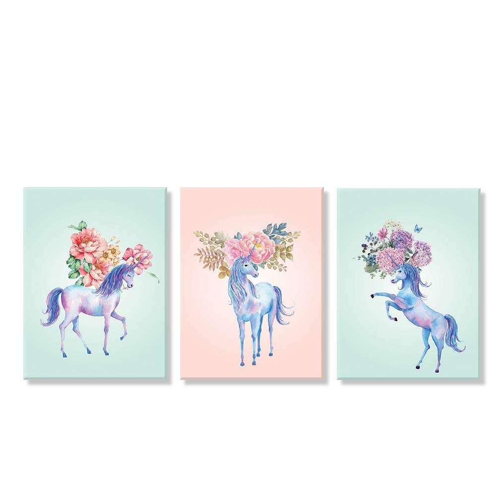 Loboo Idea Flamingo Canvas Wall Art Painting, Ready to Hang. Super Cute Water Color Unicorn Prints for Nursery or Girl's Bedroom Decor.Modern Watercolor Canvas Artwork (Size: 30x40cm, 3 Pack)