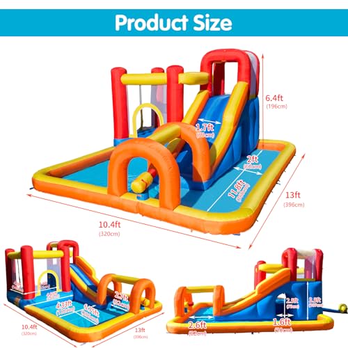Baralir Inflatable Bounce House Water Park with Long Water Slide & Large Splash Pool Fits 5 Kids, Endless Fun of Jumping, Sliding, Climbing - Extra Cave and Tunnel Adventure and Water Cannon