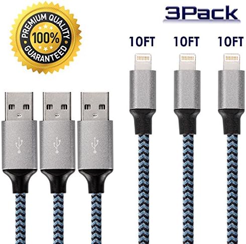 iPhone Charger 10ft, Rightwell Lightning Cable 3Pack 10FT Extra Long Nylon Braided Charging Cord for iPhone X,8,8 Plus,7,7 Plus,6s,6s Plus,6,6 Plus,SE,5s,5c,5,iPad mini,iPad Air,iPad Pro,iPod
