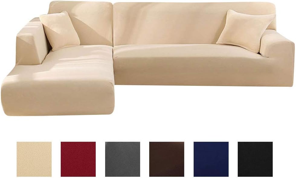Enjoygoeu Sofa Cover with Elasticated Peninsula in the Shape of L Chaise Longue Sofa Cover Angular Modular Polyester Sofa is composed of 2 pieces, and with 2 pillowcases 2 posti + 2 posti beige