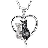 Two-tone 925 Sterling Silver Black and White Crystal Couple Cat Love Pendant Necklace, 18