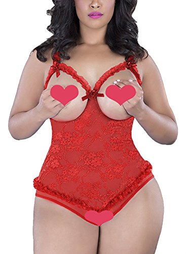 Anlove Women Sexy Lingerie Lace Teddy Plus Size Open The Cup Bodysuit â€¦ (XXXL, Red)