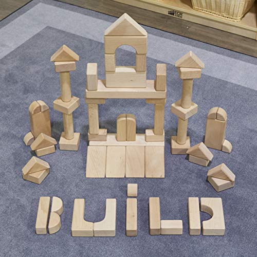 ECR4Kids Hardwood Unit Block Play Set with Canvas Carry Case - Educational Wood Building Block Kit, Natural Finish (64-Piece Set)