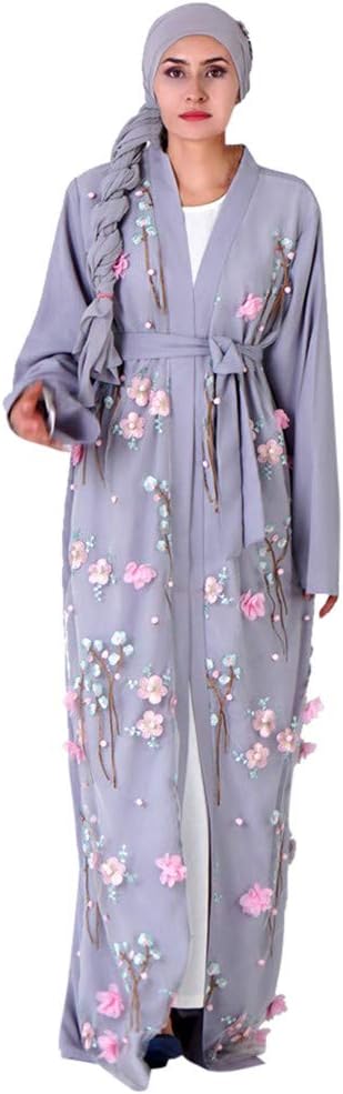 Muslim Women Lace 3D Flower Embroidery Dress Kimono Open Abaya Robe Kaftan Dubai