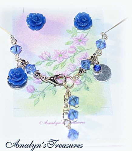 Flower Girl Bracelet in Sapphire Blue Swarovski September Birthstone & Rose Earrings Set- Hand Stamp Initials - Wedding / Birthday Gift~ 6 1/2