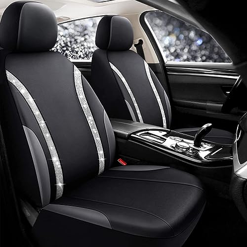 JanQee 2 Pack Bling Front Car Seat Covers, Universal Shining Crystal Diamond Rhinestone Soft Car Seat Protectors, Waterproof PU Leather Bling Car Accessories Interior Fit Most Cars(White Diamond)