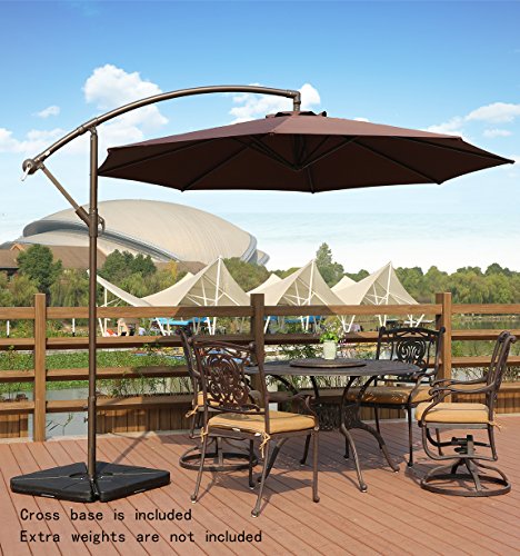 AMT Deluxe Adjustable Offset Cantilever Hanging 10' Patio Umbrella with Cross Base and Crank, Coffee