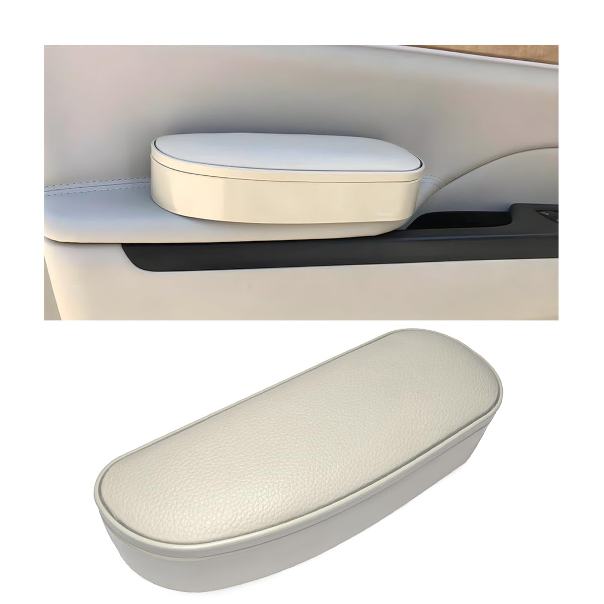 Photo 1 of KVAEY Car Armrest Support Cover, Leather Adjustable Car Armrest Support Left Elbow Pad Extender, Comfortable Car Side Door Armrest Pillow with Storage Box Relieves Driver Arm Fatigue (Beige, Style 2)