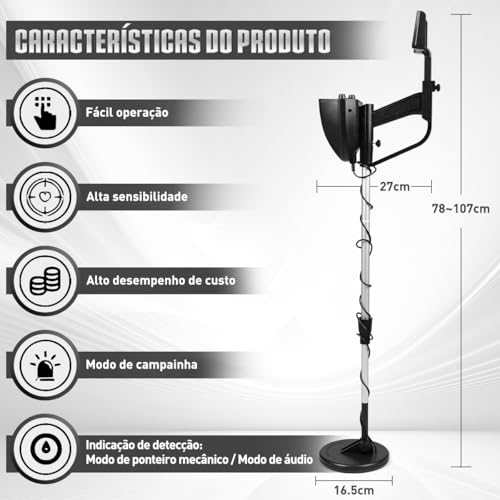 Detector de Metais Profissional com Tela, Sensibilidade Ajustável e Bobina à Prova d'Água para Busca de Ouro, Joias e Objetos Metálicos Detector de Metal