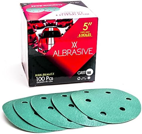 ALbrasives Velcro Hook Loop Sanding Discs 5 Inch 6 Holes, 100 Pack, Made of Aluminum Oxide, Green Film (P180 Grit)