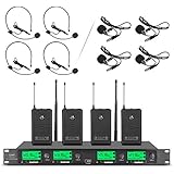 Wireless Microphone System Pro Audio UHF 4 Channel 4 Lavalier Bodypacks 4 Lapel Mic 4 Headsets for Karaoke System Church Speaking Conference Wedding Party