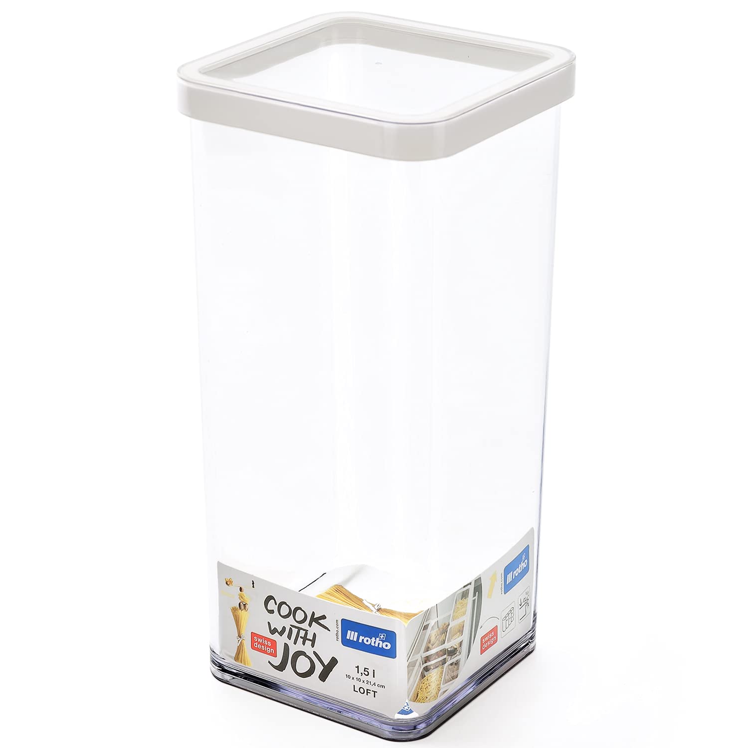 Rotho, Loft, square storage box 1.5l with lid and seal, Plastic (PP) BPA-free, white/transparent, 1,5l (10,0 x 10,0 x 21,4 cm)