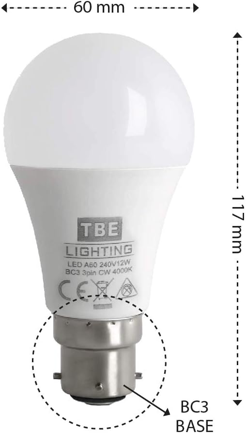 TBE LIGHTING BC3 3 PIN LED Bulbs, 3 Pack, 12w Non-DIMMABLE Energy Saving LED A60 Bulb, Cool White 4000K, 1100 Lumen Output - Image 4