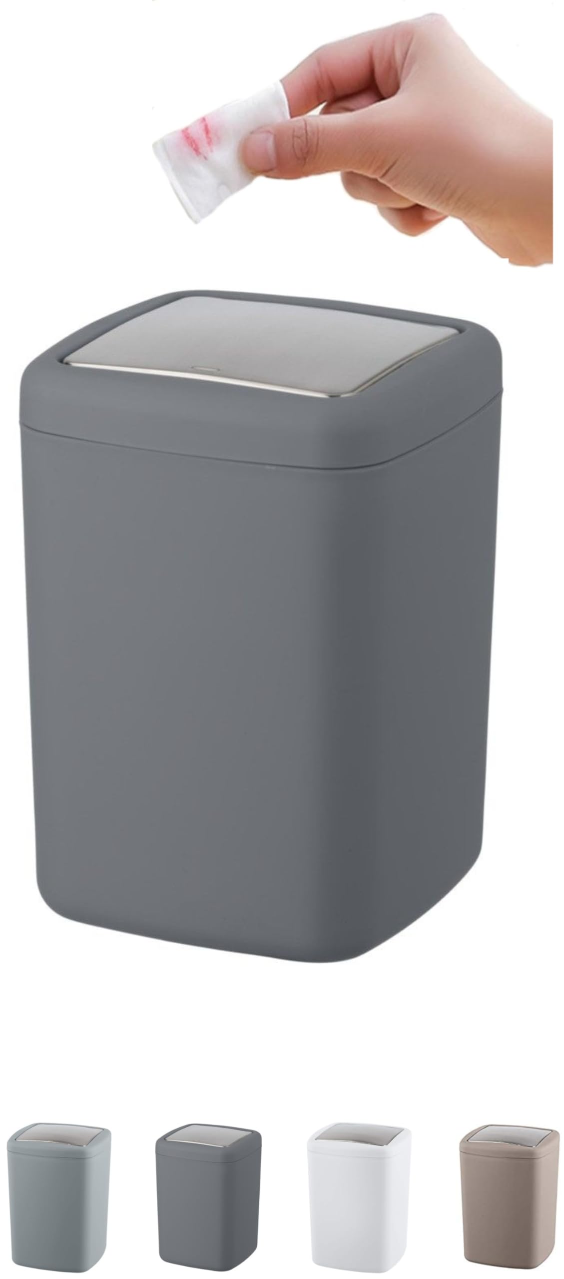 WK Barcelona Square Small Swing Waste/Bathroom/Cosmetics/Table Top Bin (Dark Grey, 3LTR)