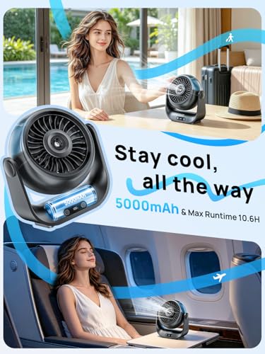Ventilateur Brumisateur Bureau - 5000mAh Mini Ventilateurs Silencieux de Table avec 5 Vitesses, Ecran LED & Réglable à 90°, Petit Table Fan USB Rechargeable pour Chambre Bureau Extérieur (Noir)
