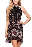 Bluetime Women's Casual Sleeveless Halter Neck Boho Print Short Dress Sundress (M, Black)