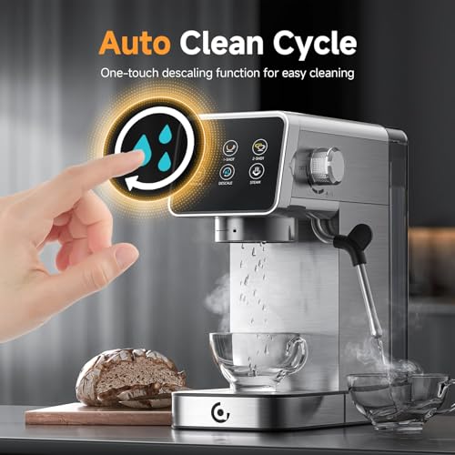 AMZCHEF Espresso Coffee Machines with 20 Bar Pressure, Self-Cleaning & Memory Function, LED Touch Screen, Compact Coffee Machine with Milk Frother for Home, Metallic Silver