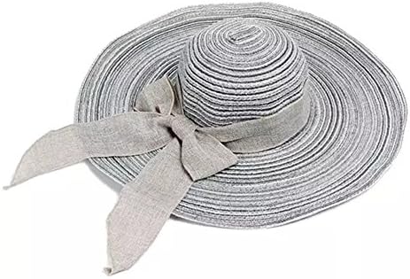 Women's Sun Hats Cotton Linen Bow Floppy Foldable Wide Brim Beach Hats Collapsible Straw Hats