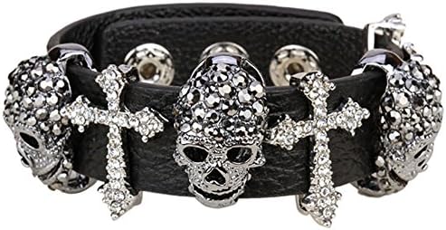 Women's Black Leather Crystal Skull Cross Adjustable Bangel Bracelet Biker Jewelry For Women (White Leather Gray)