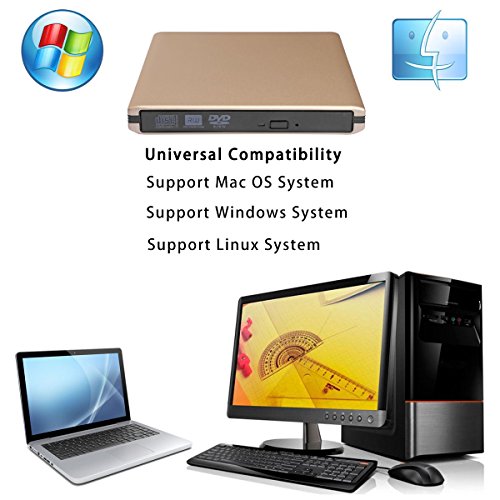 DVD Drive USB 3.0 External CD Drive,Emmako External DVD CD Player & CD DVD +/-RW Writer/Rewriter/Burner High Speed Data Transfer for MacBook/Laptops/Desktops/Notebooks Support Windows 10 (Golden)