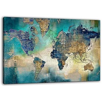 Large World Map Canvas Prints Wall Art for Living Room Office 36x48 Green World Map Picture Artwork Decor for Home Decoration