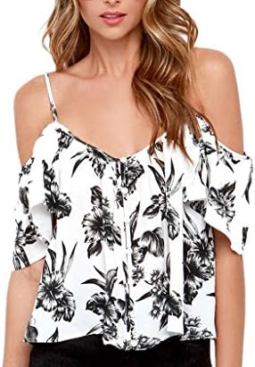 Archie Vince Women's Floral Print Off Shoulder Spaghetti Strap Chiffon Blouse Tops