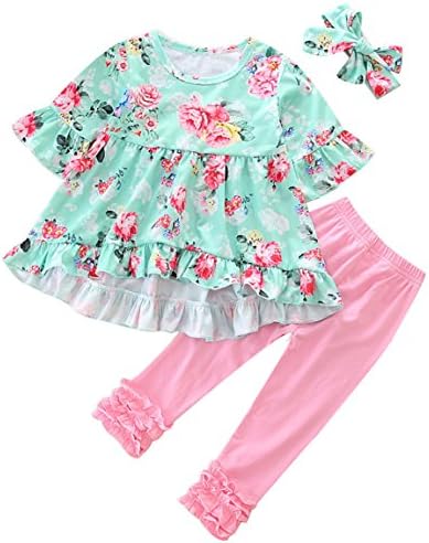 Toddler Baby Girl Outfit Floral Ruffles Tunic Dress Leggings Headband Clothes 3pcs Set