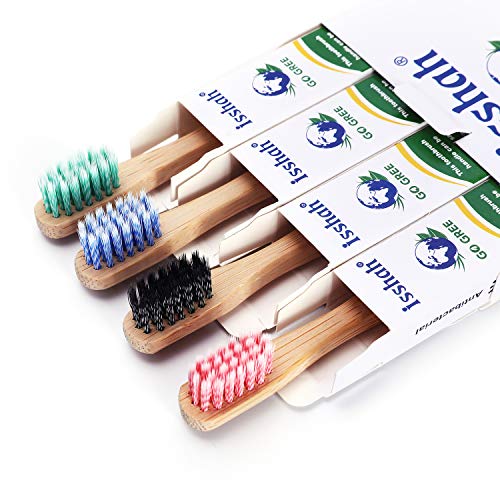 Isshah Children Size Biodegradable Handle BPA Free Eco Friendly Kids Natural Bamboo Toothbrush, Pack of 4 (Germany Imported Spiral Soft Nylon Bristles)...