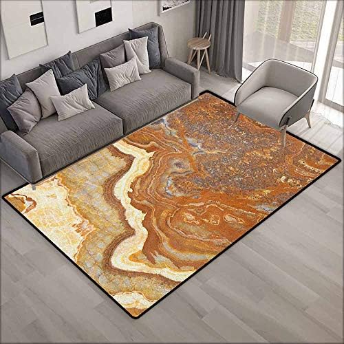 Bedroom Rug,Marble Unique Earthen Toned Mother Earth Natural Travertine Structures Display,Anti-Slip Doormat Footpad Machine Washable,6'6"x8'10", Cinnamon Earth Yellow