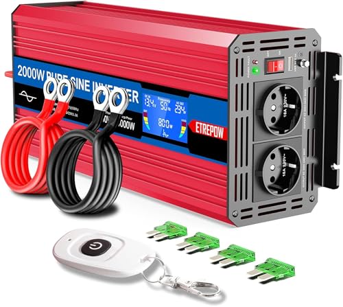 ETREPOW 2000 W 12 V 220 V Pure Sine Inverter Transformer – 2 EU AC Power Socket, 1 USB Port, Wireless Remote Control and LCD Screen, for Car, Camping, Travel