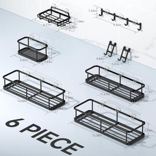 Beauenty Shower Caddy,100% Rustproof Bathroom Decor Shelves with Hooks And Soap Holder,No Drill Bathroom Organizers and Storage,6-Pack Large Capacity Shower Shelves for Bathroom,Toilet,Kitchen(Black)