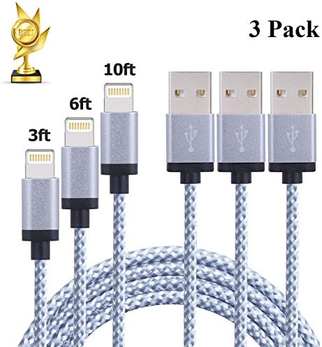 ZFLQ Lightning to USB Cable, 3-Pack iPhone Charger Cable 3ft 6ft 10ft Charging for iPhone 7 / 7 plus / 6s / 6s plus, iPad, iPod (Gray &amp; White)