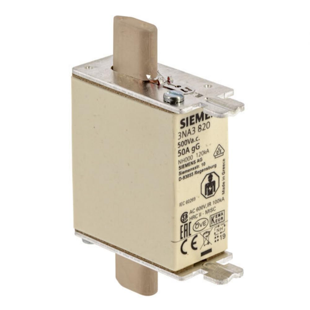 Siemens 3NA3820 LV HRC Fuse Link, NH000, in: 50 A, gG, Un AC: 500 V, Un DC: 250 V, Front Indicator, Non- Insulated Grip lugs, White