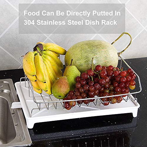 Dish Drying Rack, 304 Stainless Steel Over Sink Dish Drainer, Dish Racks with Drain Board Utensil Holder, Removable Plastic Cutlery Tray,Dish Rack in Sink or On Counter with Utensil Drying Rack