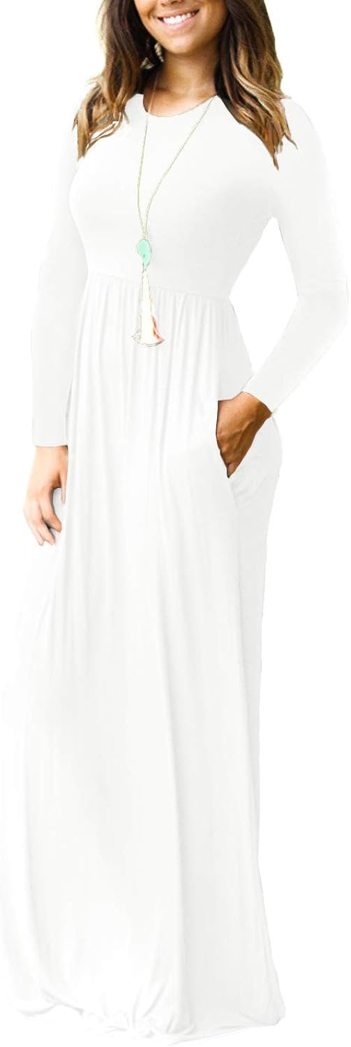 VIISHOW Women's Long Sleeve Loose Plain Empire Waist Maxi Dresses Casual Long Dresses with Pockets at  Women’s Clothing store