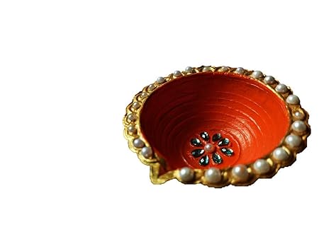 Swavan International Moti Work Big Large Size 3 Inch Handmade Simple Plain Diwali Diya Terracotta Clay Decorative Oil Lamps with Orange and Gold Color Work for Navaratri Diwali