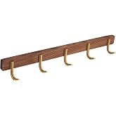 SARIHOSY Wall Mounted Coat Rack, 5 Hooks - J Shape | Entryway Hanging Rack with Rustic Hooks for Coat, Scarf, Bag, Towel, Key, Cap, Hat - Walnut Gold Matt