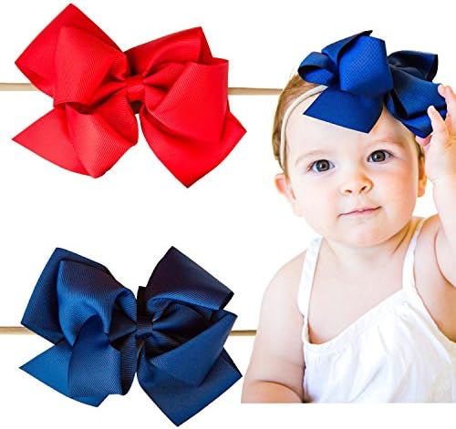 2 Baby Girl Large Hair Bows on Nylon Headbands | 6" Ribbon Red & Navy | By Scarlett Robin