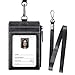 Badge Holder with Zipper, Sukuos Upgraded PU Leather ID Card Holder with 5 Slots, 1 Secure Cover and 20 inch Woven Lanyards for ID Badges, School ID, Drivers License, Debit Card