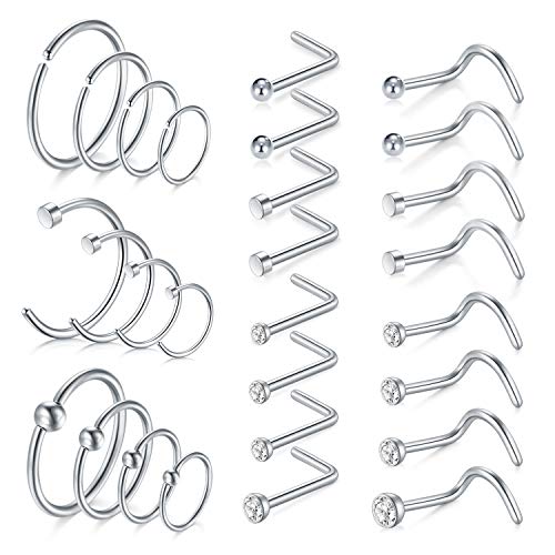 MODRSA 18G 20G Anillos para la nariz Aro de acero quirúrgico Anillos para la nariz Espárragos Tornillo en forma de L Espárrago para la nariz Tragus Cartílago Hélice Pendientes Aro Piercing para la nariz Conjunto de joyas