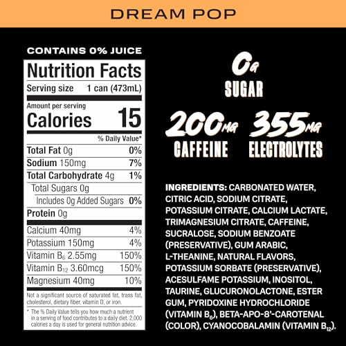 PRIME ENERGY DREAMPOP, SUGAR FREE ENERGY DRINK, 200MG CAFFEINE AND 355MG OF ELECTROLYTES FOR HYDRATION, LOW CALORIE, VEGAN, GLUTEN FREE, 16 FLUID OUNCE, 12 PACK