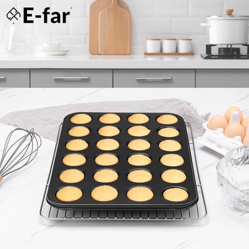 E-far Mini Muffin Pan - 24-Cup Nonstick Carbon Steel Cupcake Tin for Perfect Mini Muffins & Cupcakes, Warp-Free Bakeware for Even Baking & Easy Release, Oven Safe
